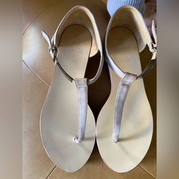 Brunello Cucinelli Platform T-Strap Sandals Gray Brown Size 36.5 Italian Wedge - Picture 13 of 13